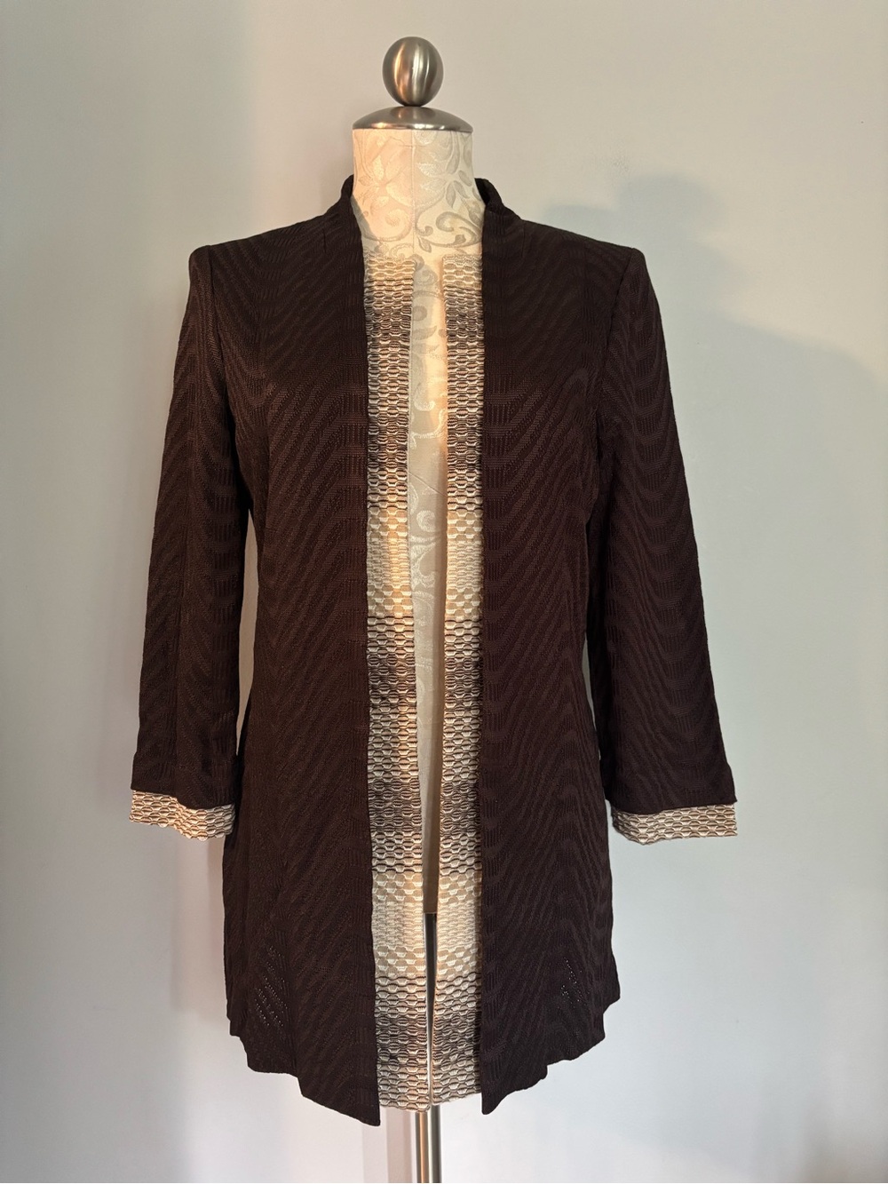 Ming Wang Brown Open-Front Jacket with Cream Textured Trim